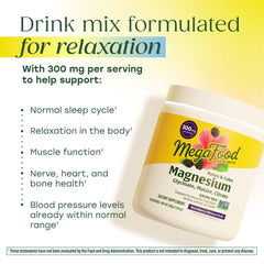 Glass of MegaFood Relax + Calm drink mixed with water, showcasing smooth dissolving flavor.