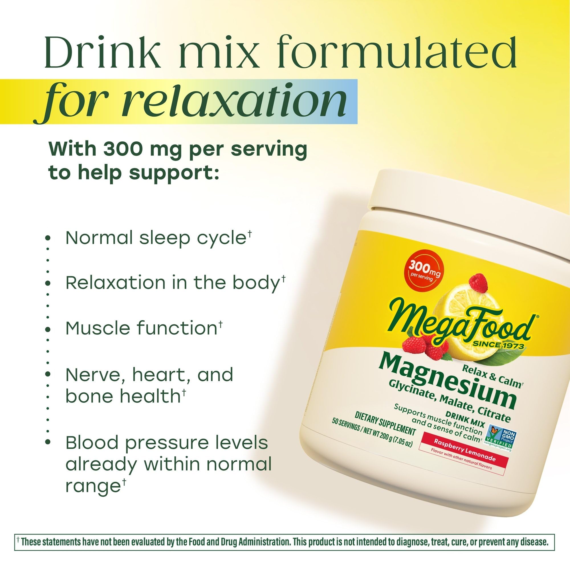 Close-up of MegaFood Relax + Calm label showing three magnesium forms