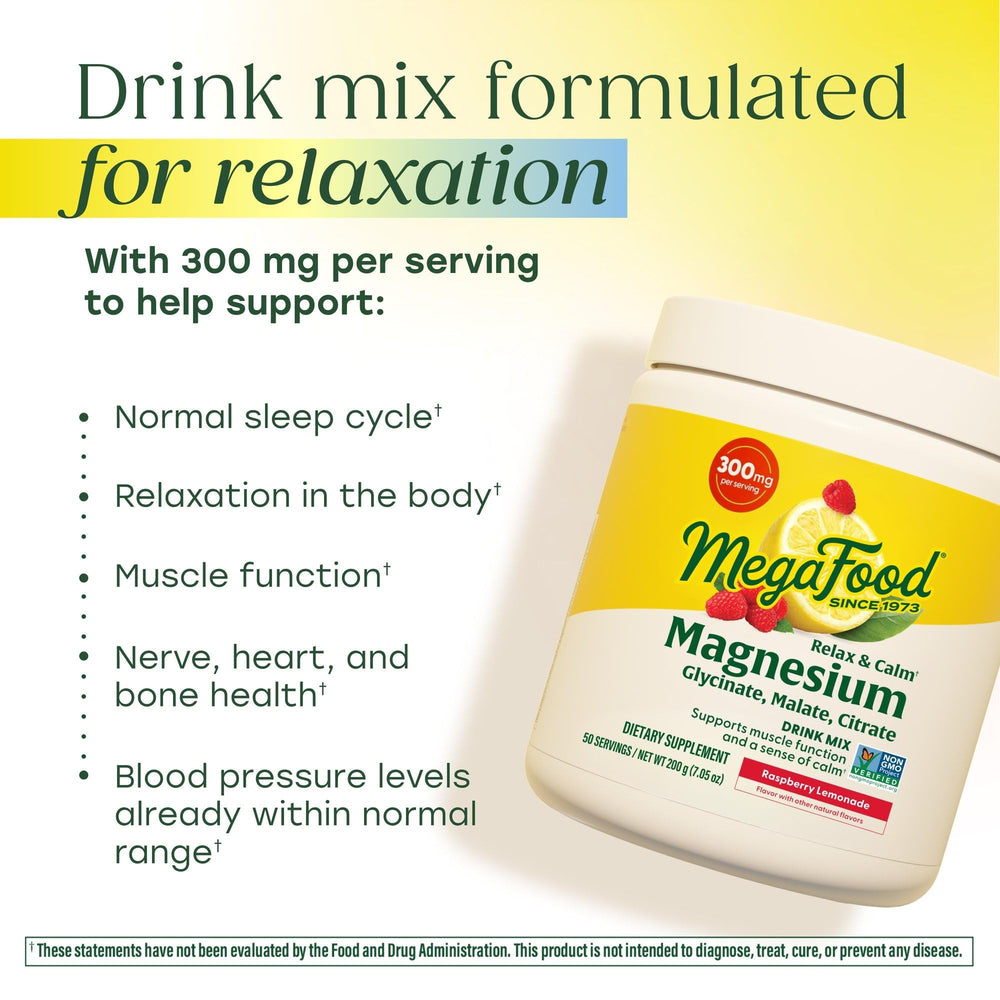 Close-up of MegaFood Relax + Calm label showing three magnesium forms