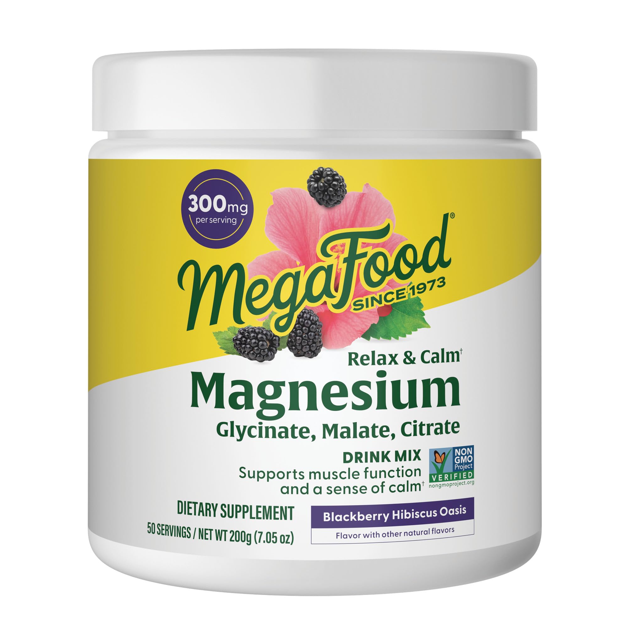 MegaFood Relax + Calm magnesium powder bottle with allergen-free formula for daily comfort.
