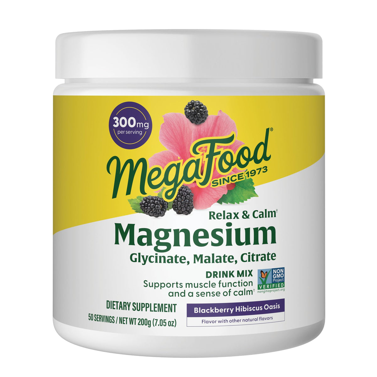 MegaFood Relax + Calm magnesium powder bottle with allergen-free formula for daily comfort.