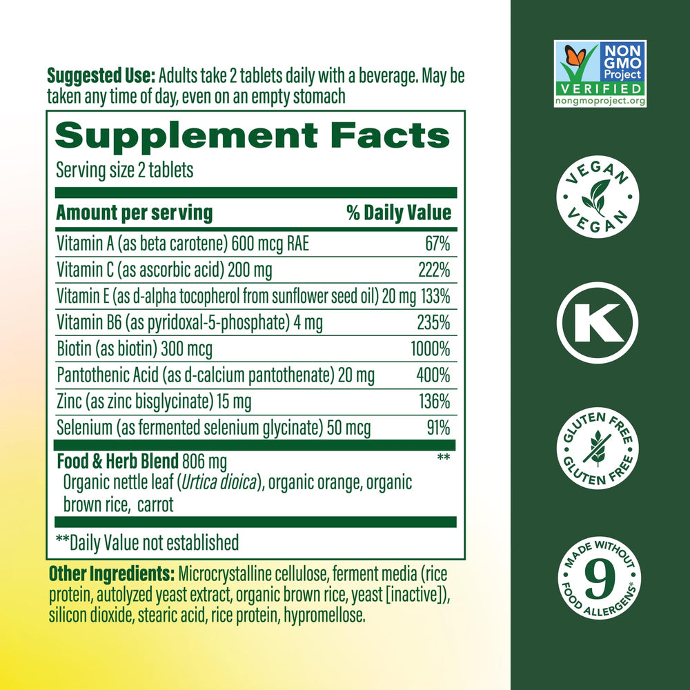 MegaFood Skin, Nails & Hair 2 tablets close-up highlighting convenient daily vitamins