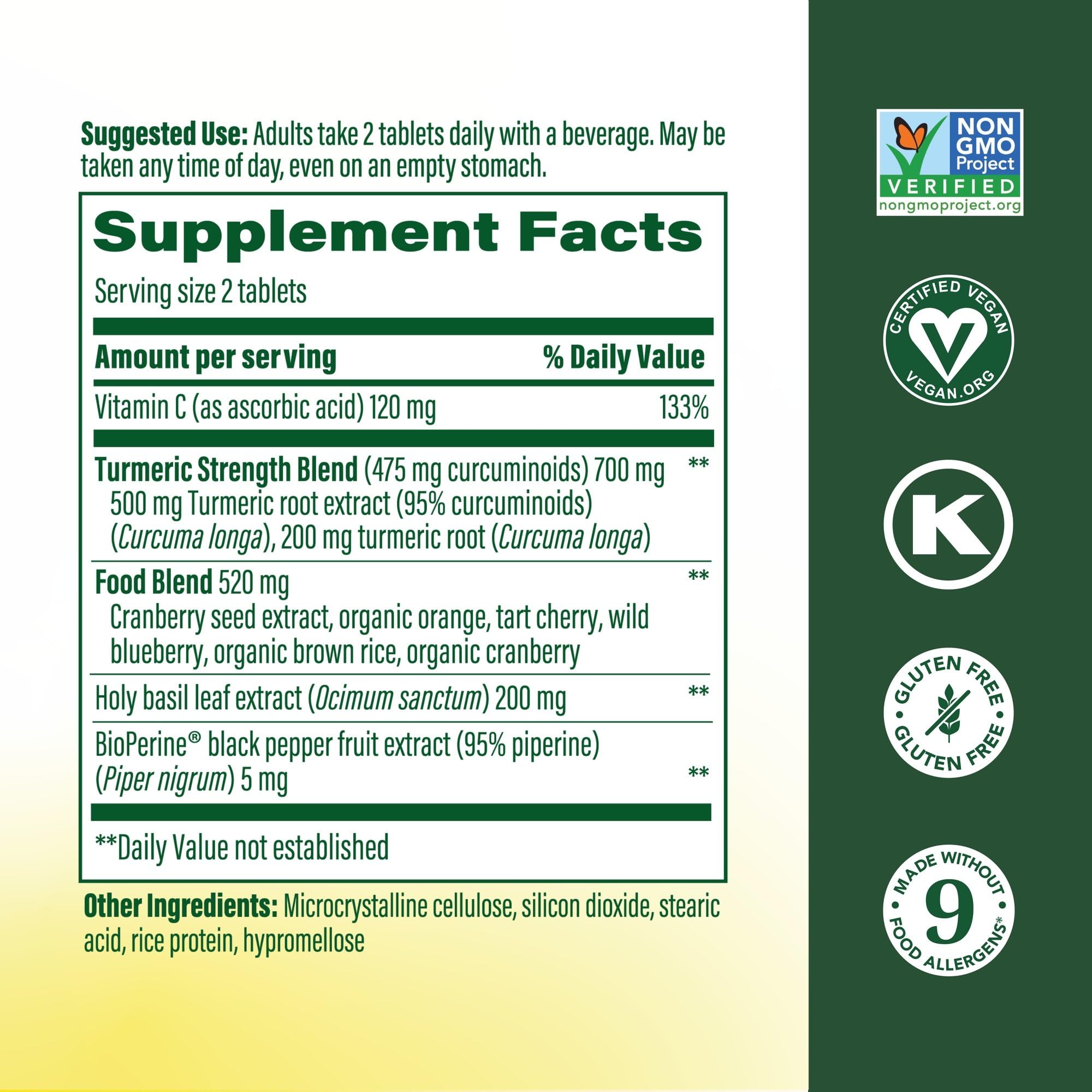 MegaFood Turmeric Curcumin ingredient panel showcases real-food nutrients.