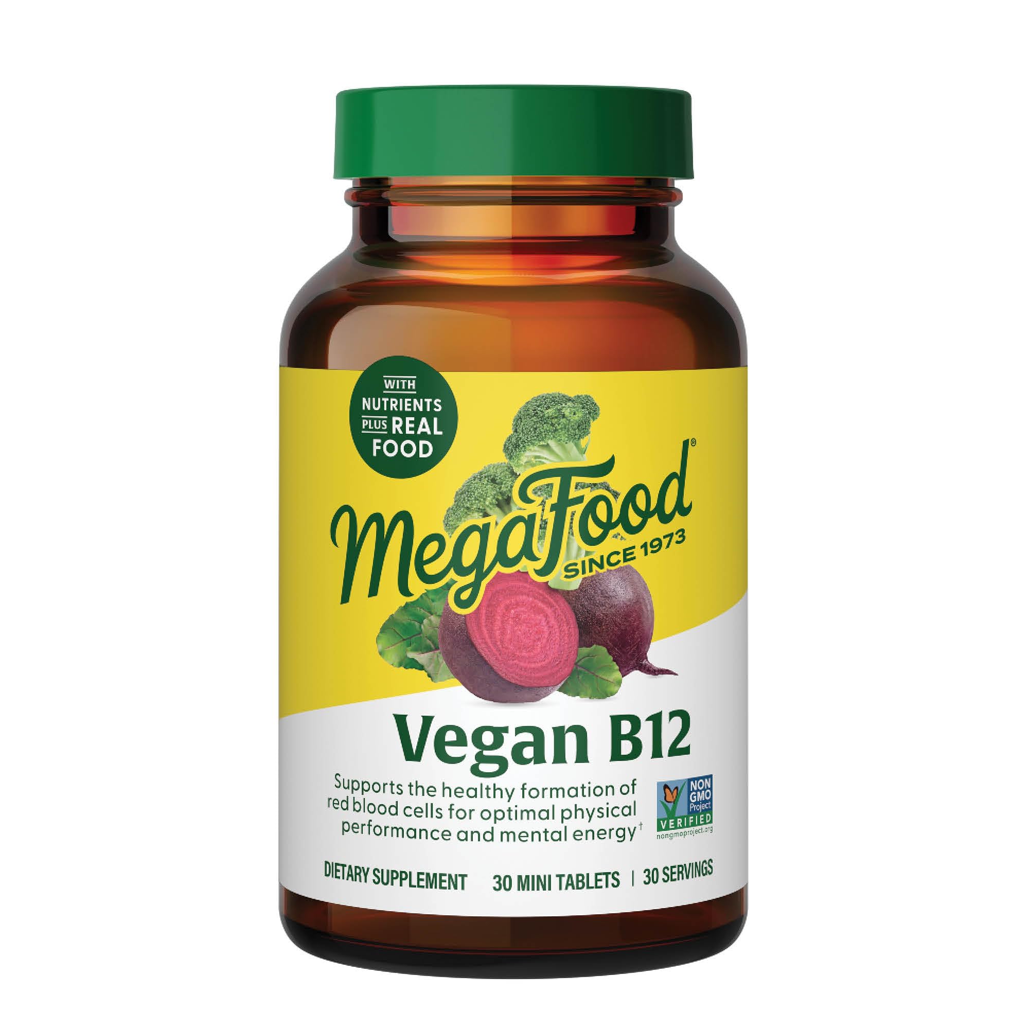 MegaFood vegan B12 mini-tablet bottle for daily energy support