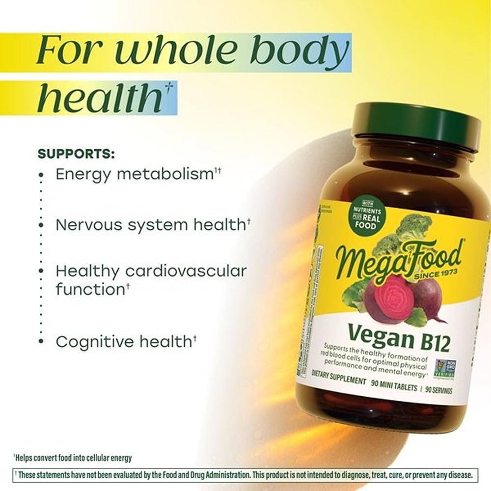 Label highlights non-GMO status and certifications on MegaFood B12 mini-tablet