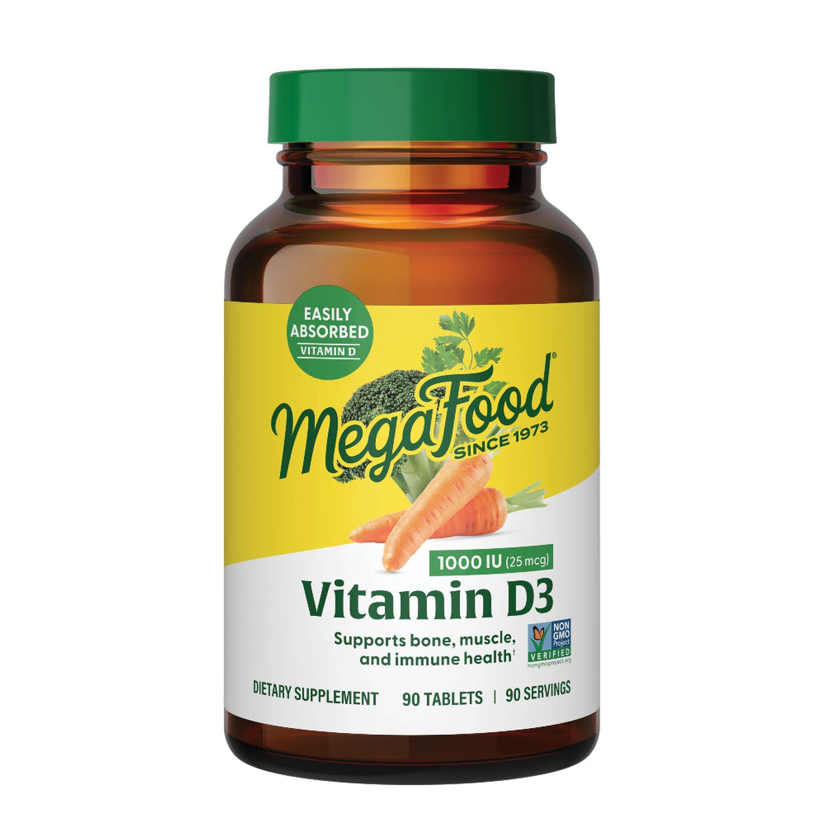 MegaFood Vitamin D3 1000 IU bottle cap close-up supports daily intake and routine