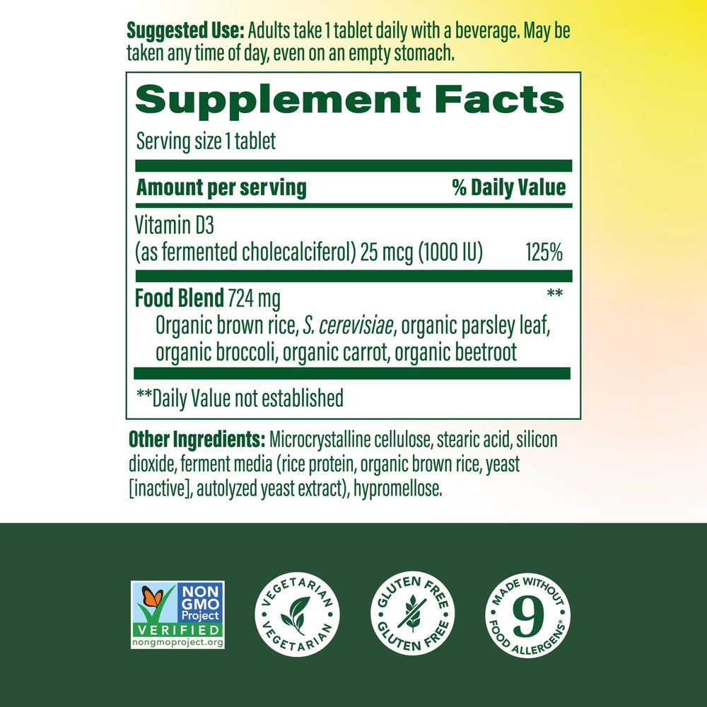 MegaFood Vitamin D3 1000 IU tablets close-up showing gentle-on-stomach formula