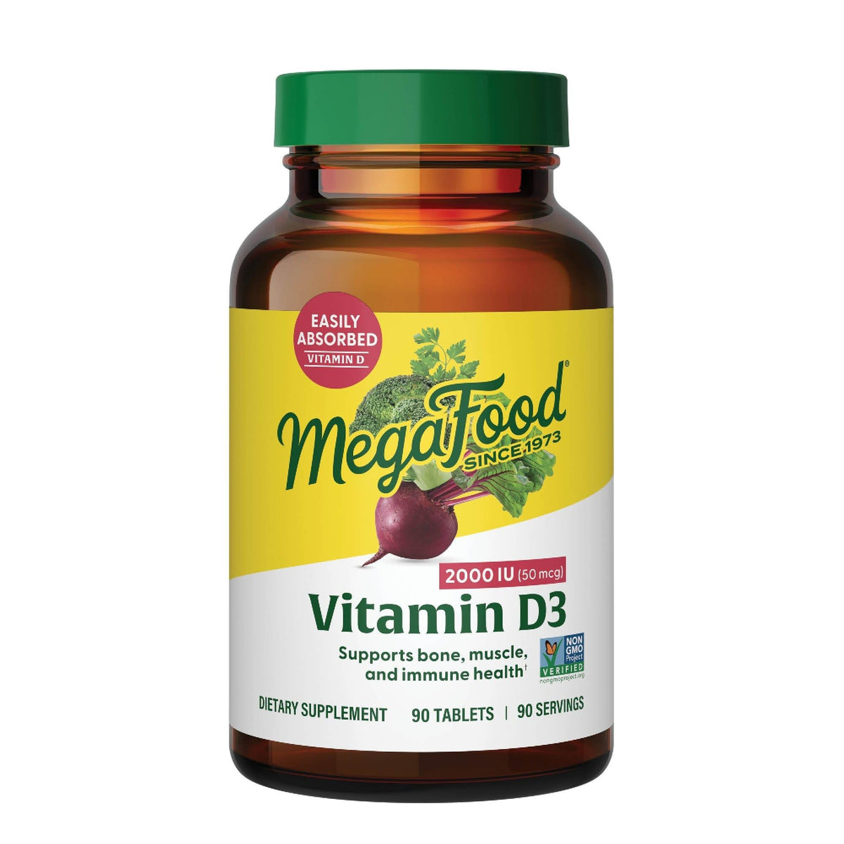 MegaFood Vitamin D3 2000 IU bottle front for daily immune and bone support.