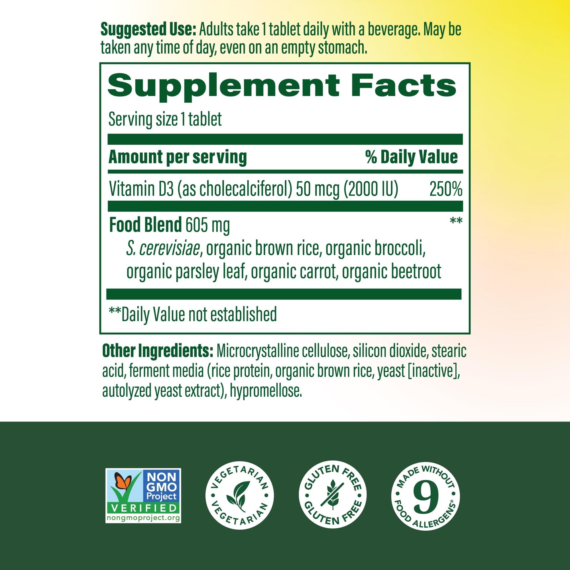 MegaFood Vitamin D3 label close-up showing ingredients and certifications.