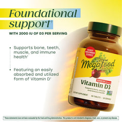 MegaFood Vitamin D3 tablets close-up highlighting smooth shape for easy swallowing.