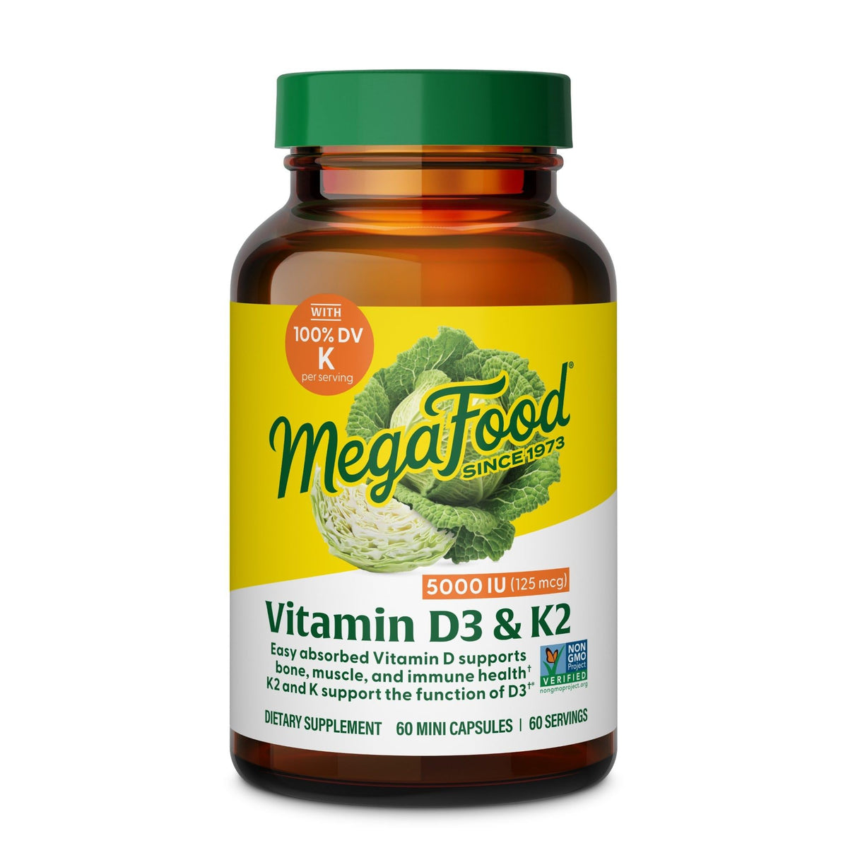 MegaFood Vitamin D3 5000 IU bottle front with bone support packaging.