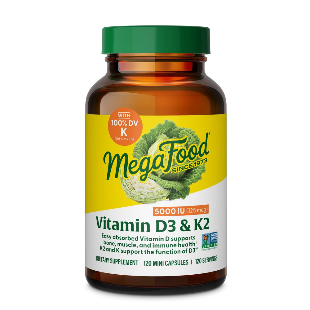 MegaFood Vitamin D3 5000 IU bottle and label, signaling bone and immune support