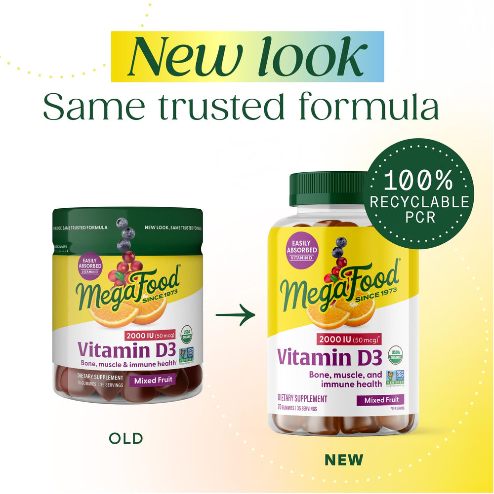 Close-up of MegaFood Vitamin D3 Gummies bottle label highlights organic and non-GMO features.