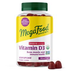 MegaFood Vitamin D3 Gummies bottle shows 2000 IU formula for immune and bone support.