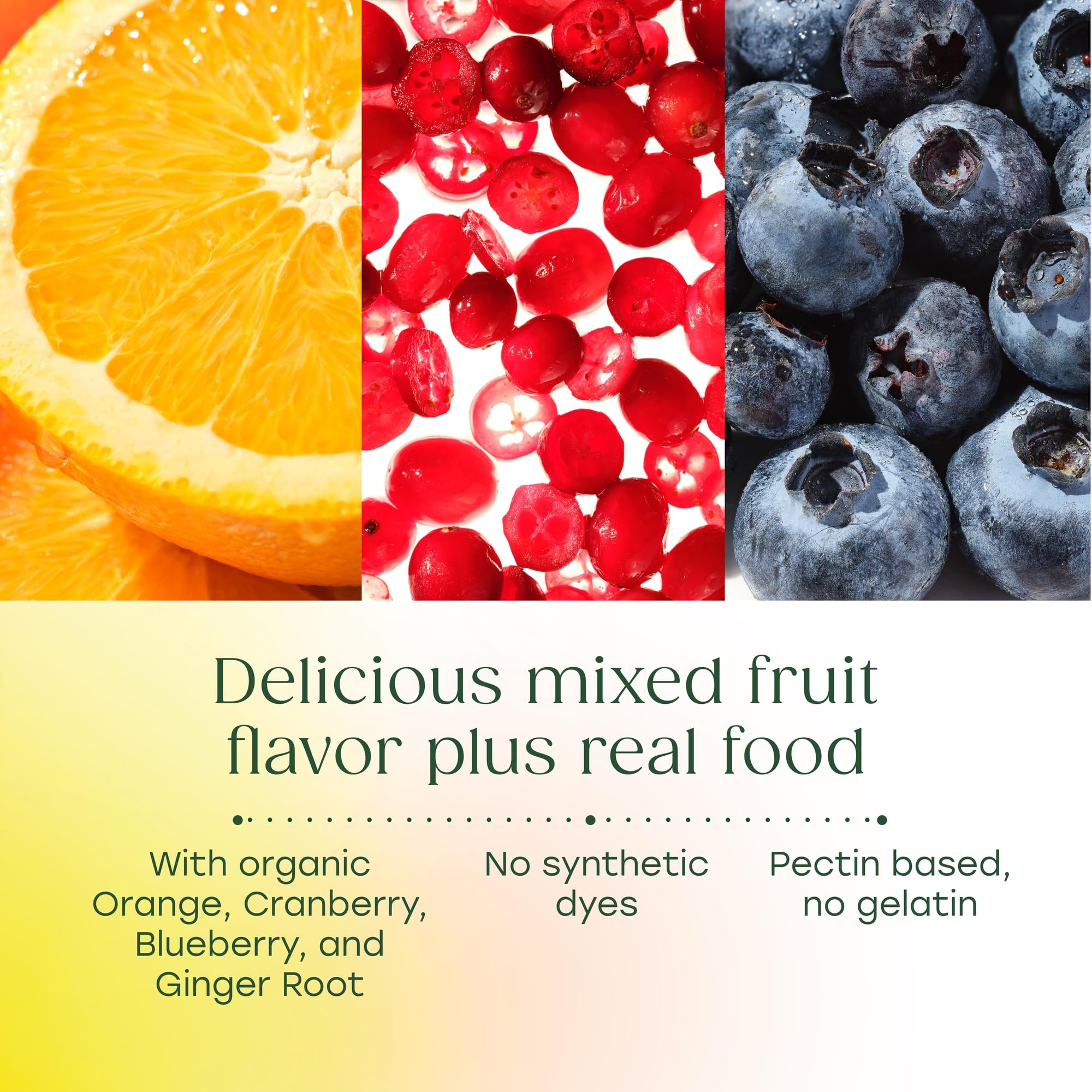 MegaFood Vitamin D3 Gummies ginger-orange-cranberry blend conveys real-food ingredients and flavor.