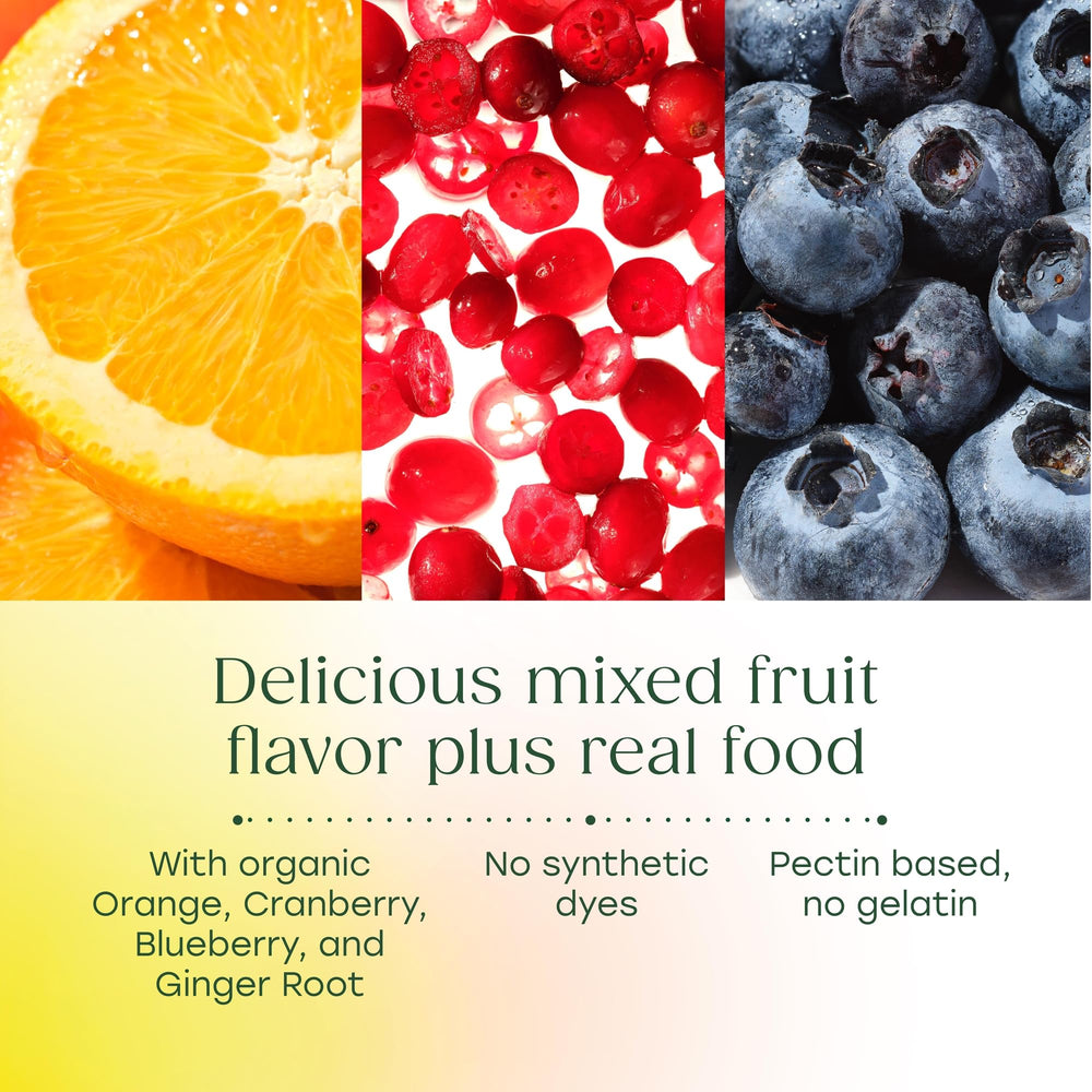 MegaFood Vitamin D3 Gummies ginger-orange-cranberry blend conveys real-food ingredients and flavor.