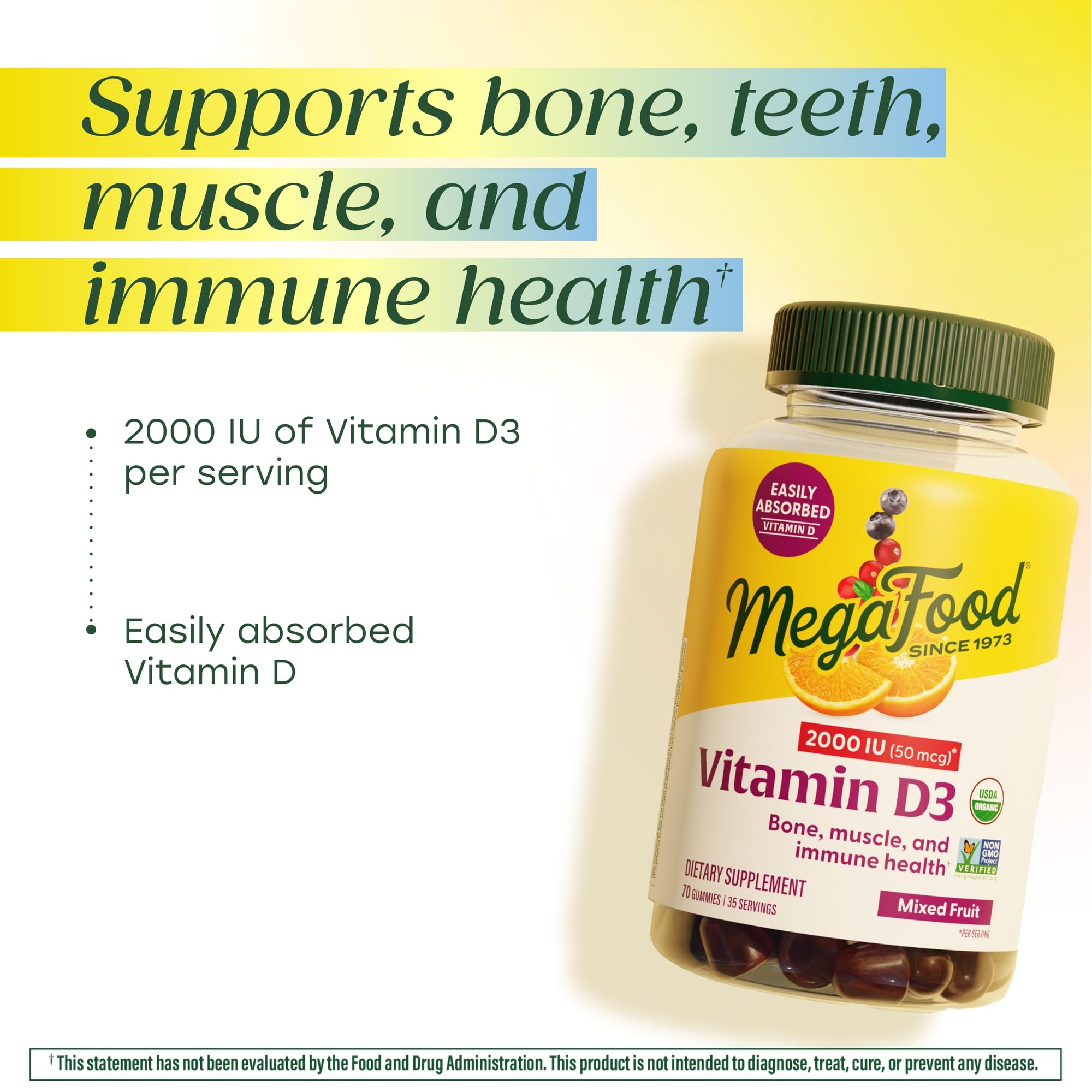MegaFood Vitamin D3 Gummies mixed fruit flavor with crisp texture for daily use.