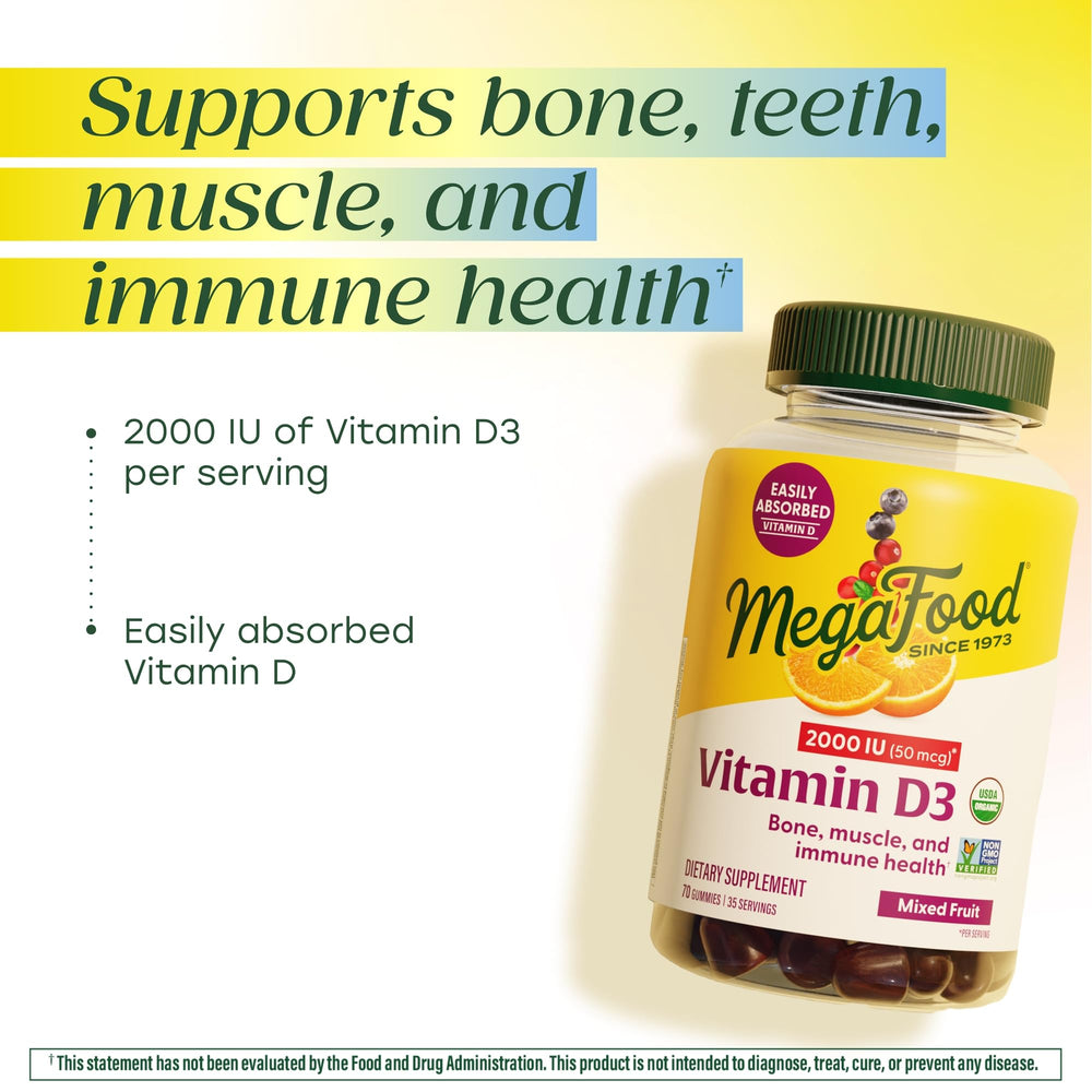 MegaFood Vitamin D3 Gummies mixed fruit flavor with crisp texture for daily use.