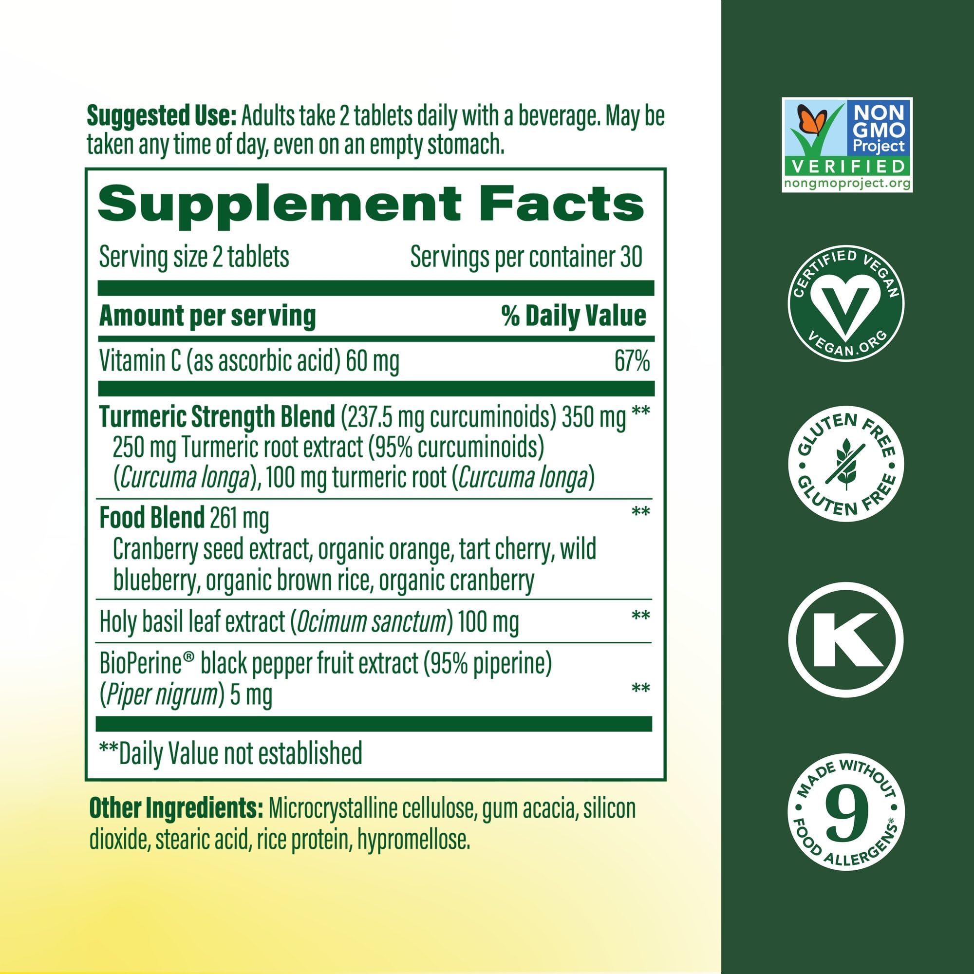 MegaFood bottle pouring image highlights easy daily use with two mini tablets.