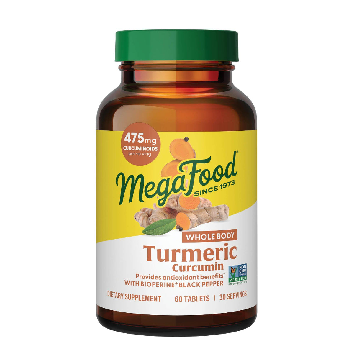 MegaFood Whole Body Turmeric Curcumin bottle front highlights 475 mg curcuminoids per serving.