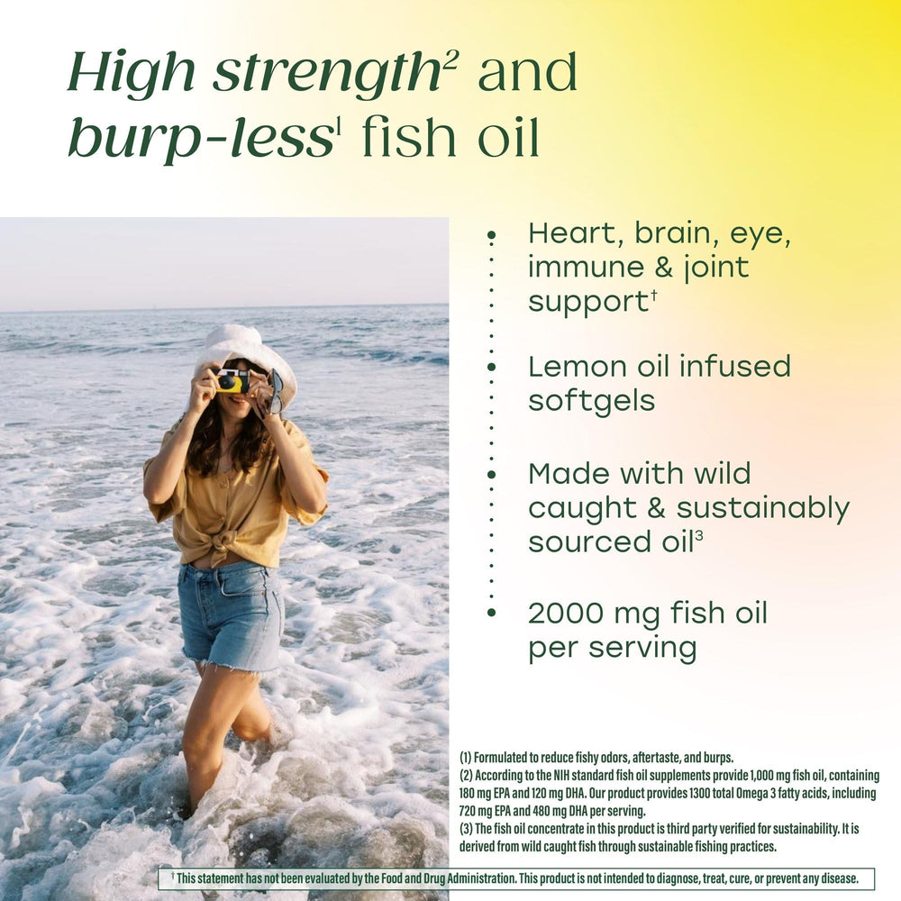 MegaFood wild-caught purified fish oil bottle highlighting purity.