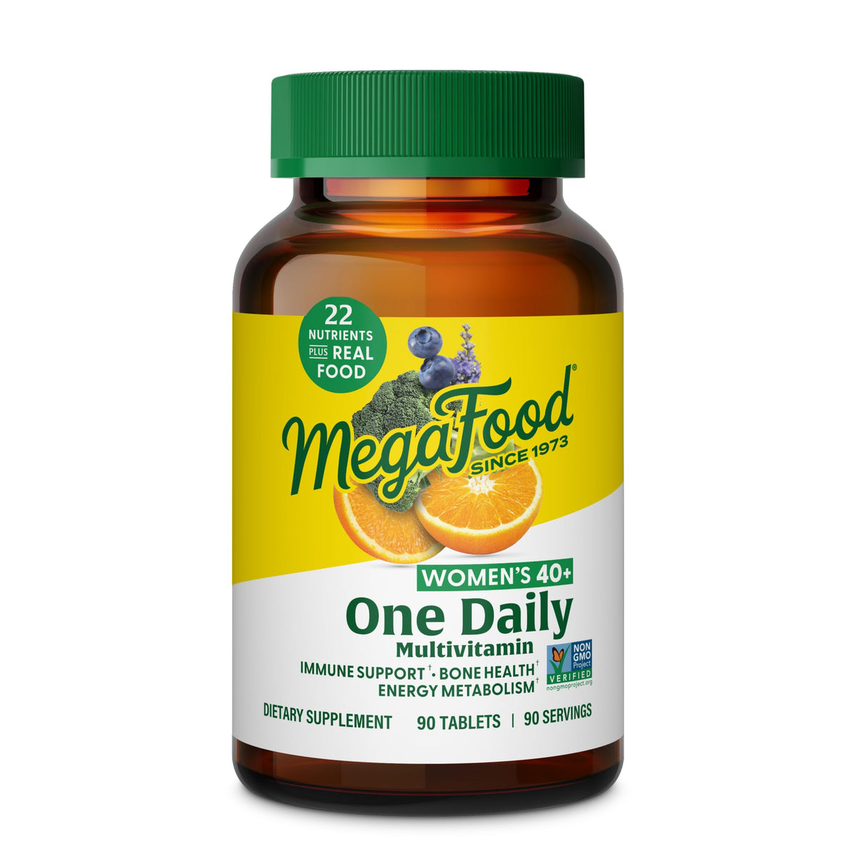 MegaFood Women 40+ multivitamin bottle promotes daily energy and vitality.