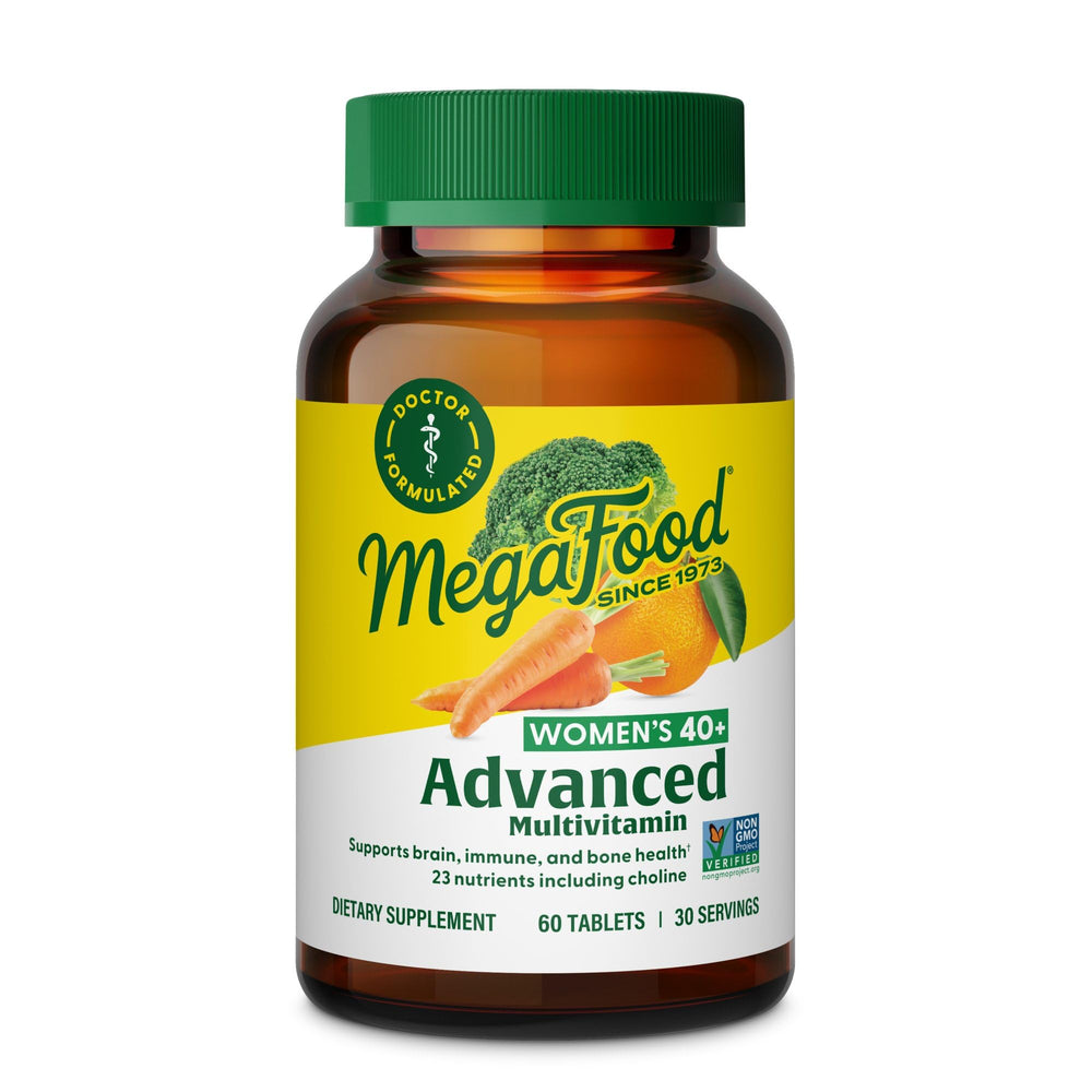 MegaFood Women's 40+ multivitamin bottle showcasing real-food blend for daily energy support.
