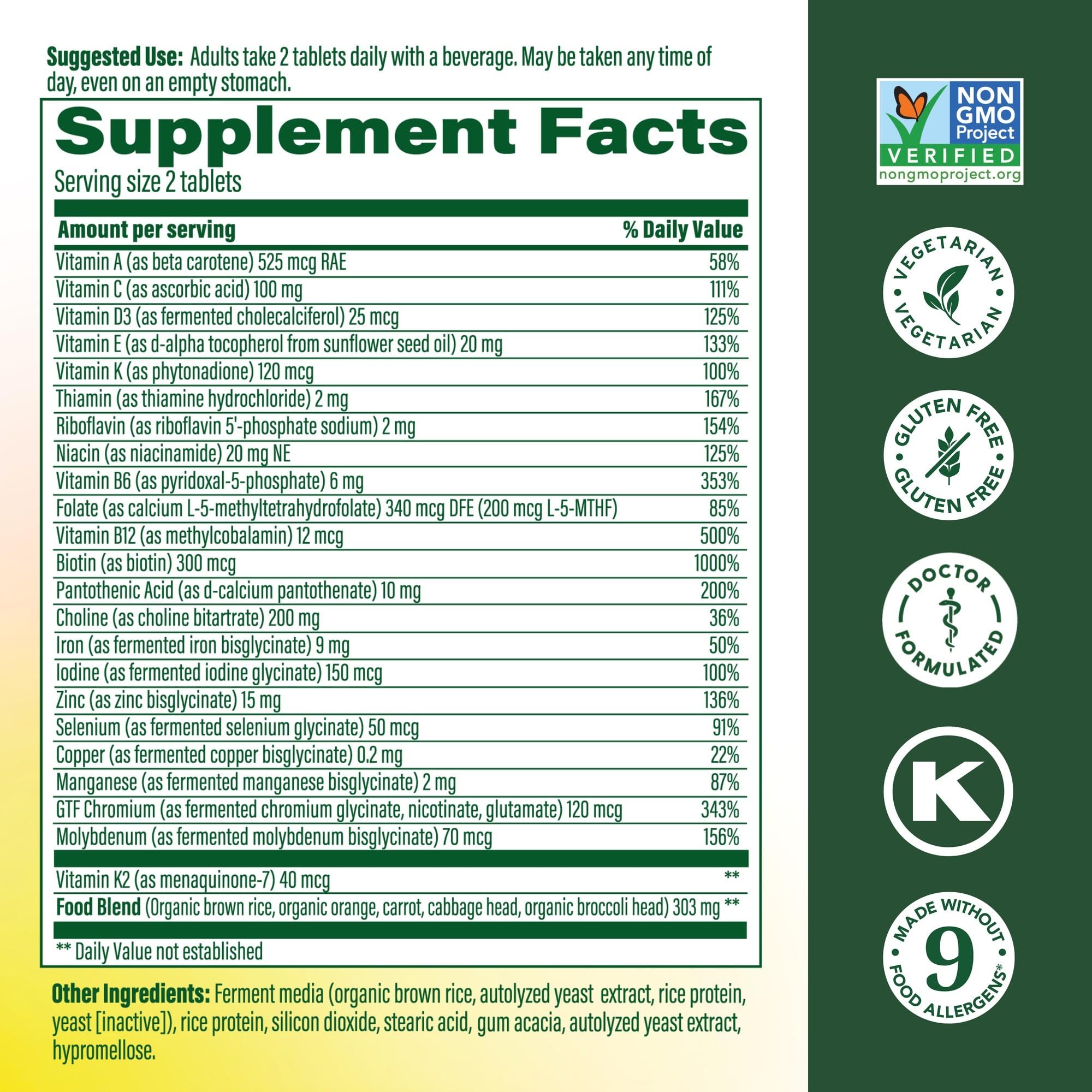 Close-up of MegaFood tablets highlighting iron and B vitamins for energy metabolism.