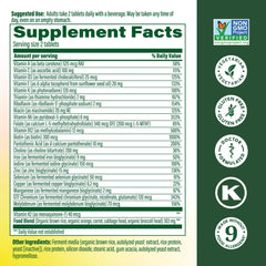 Close-up of MegaFood tablets highlighting iron and B vitamins for energy metabolism.