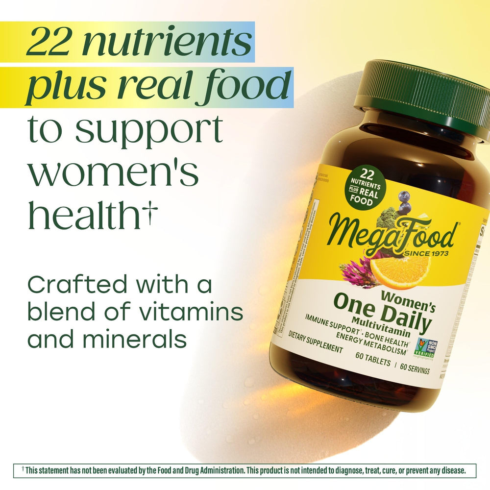 Open MegaFood bottle with pills illustrating easy daily use.