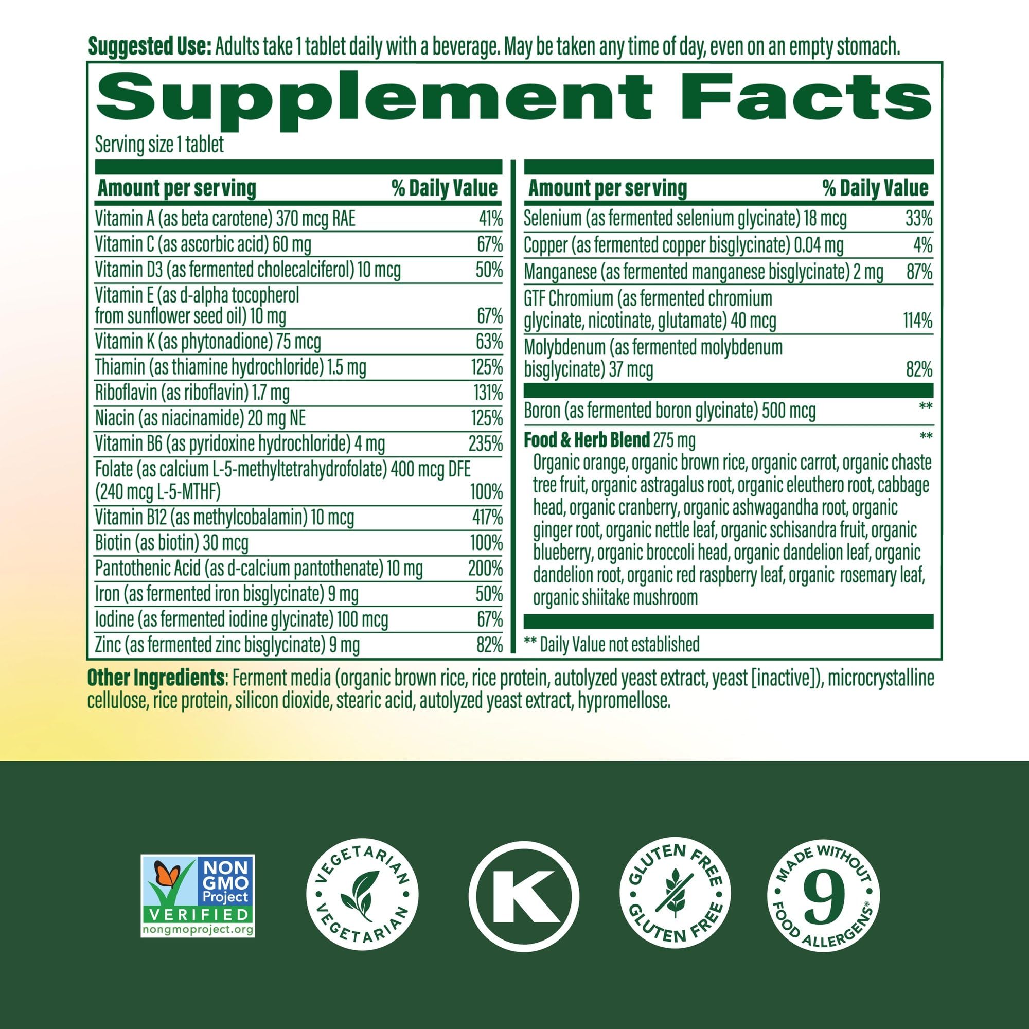 Real-food blend ingredient panel showcasing 22 nutrients for balanced wellness.