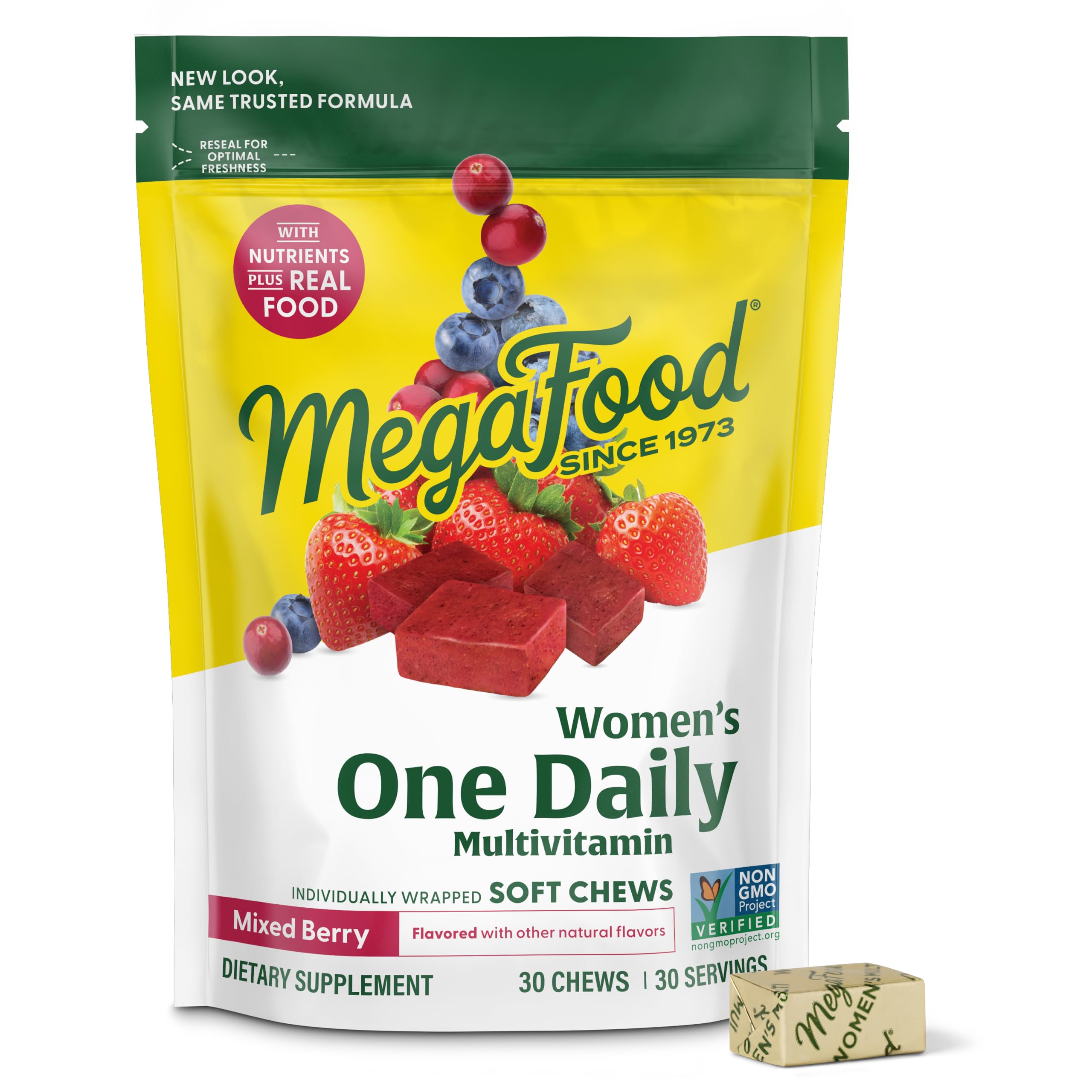 MegaFood Women’s Multivitamin Soft Chews bottle in mixed berry flavor for daily nutrition.