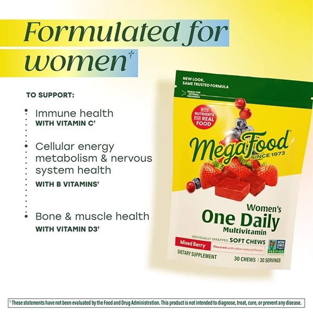 MegaFood Women’s Multivitamin close-up showing berry-flavored soft chew.