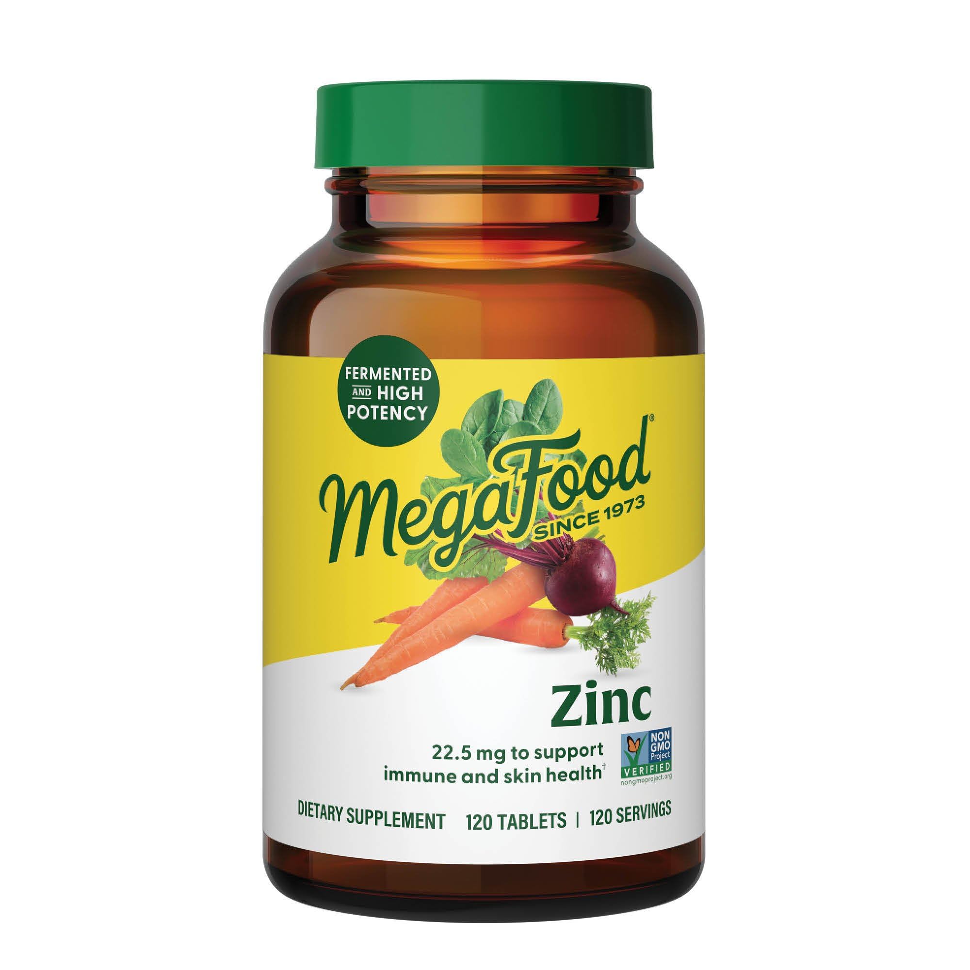 MegaFood Zinc bottle front view for convenient daily immune support.