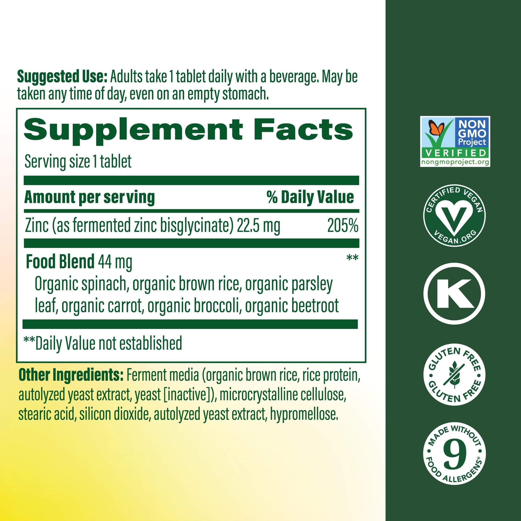 MegaFood Zinc tablets close-up highlighting high potency fermented formula.