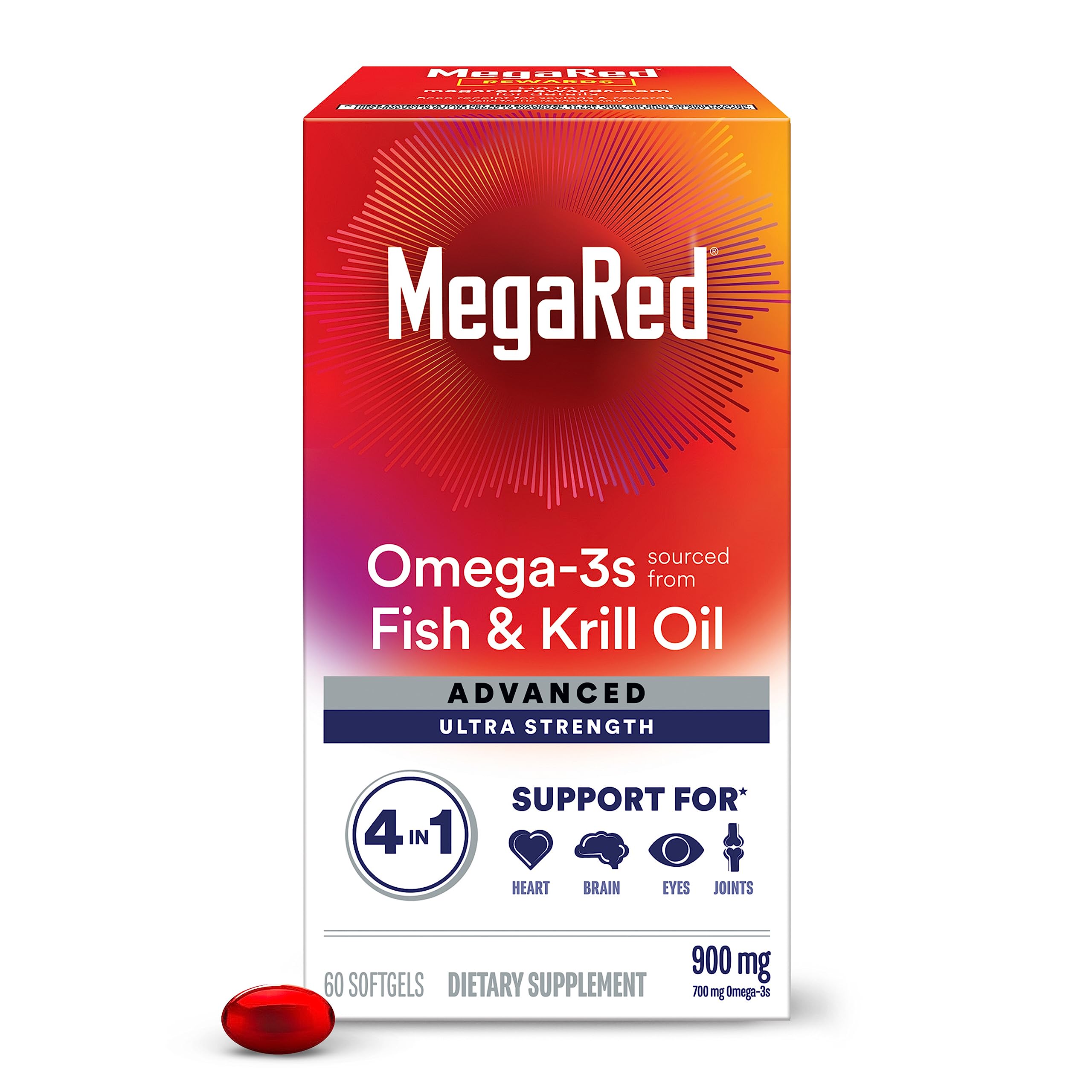 MegaRed Advanced 4in1 omega-3 bottle on a clean surface, highlighting daily softgel dose.