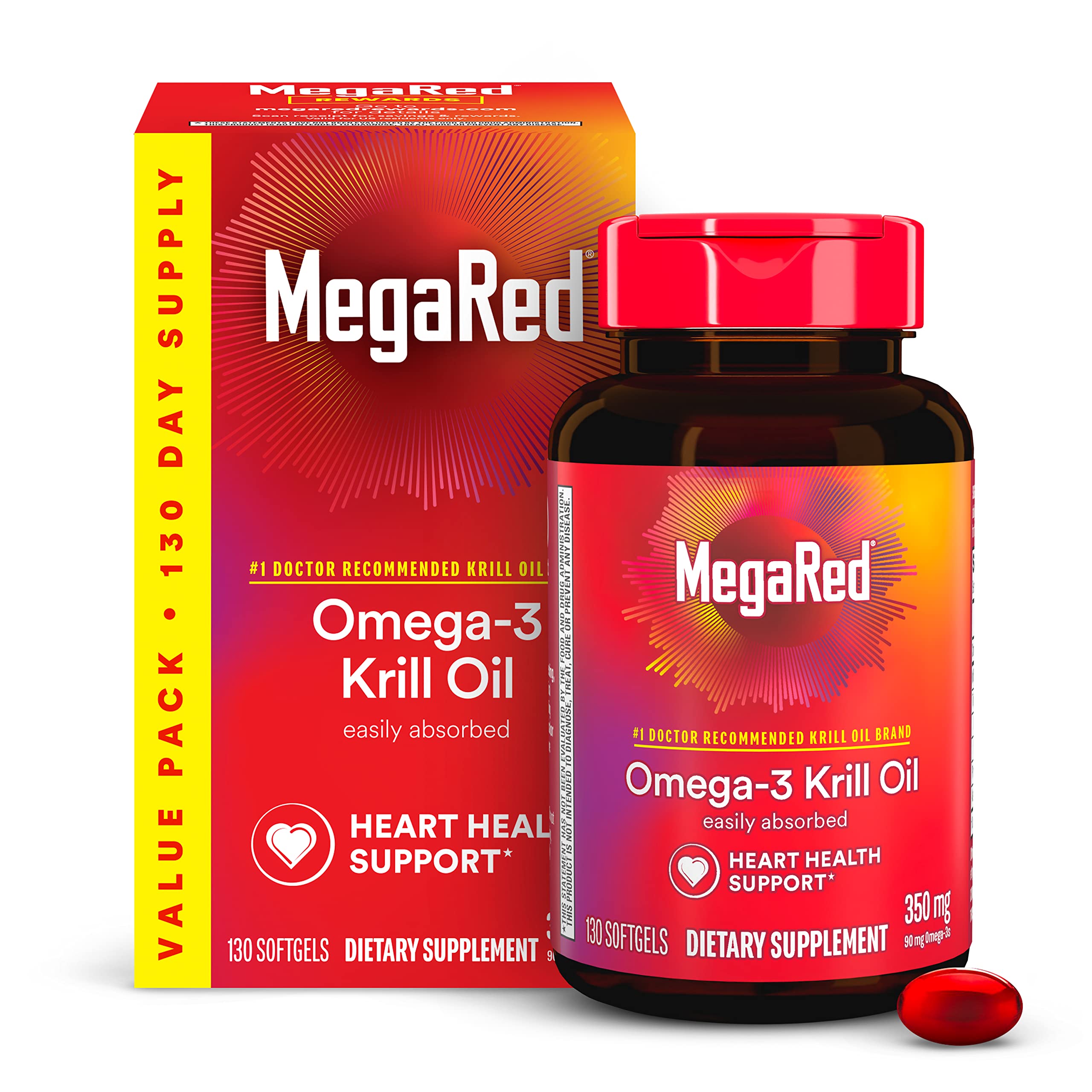 Megared Antarctic krill oil bottle with 130-count softgels for daily use.