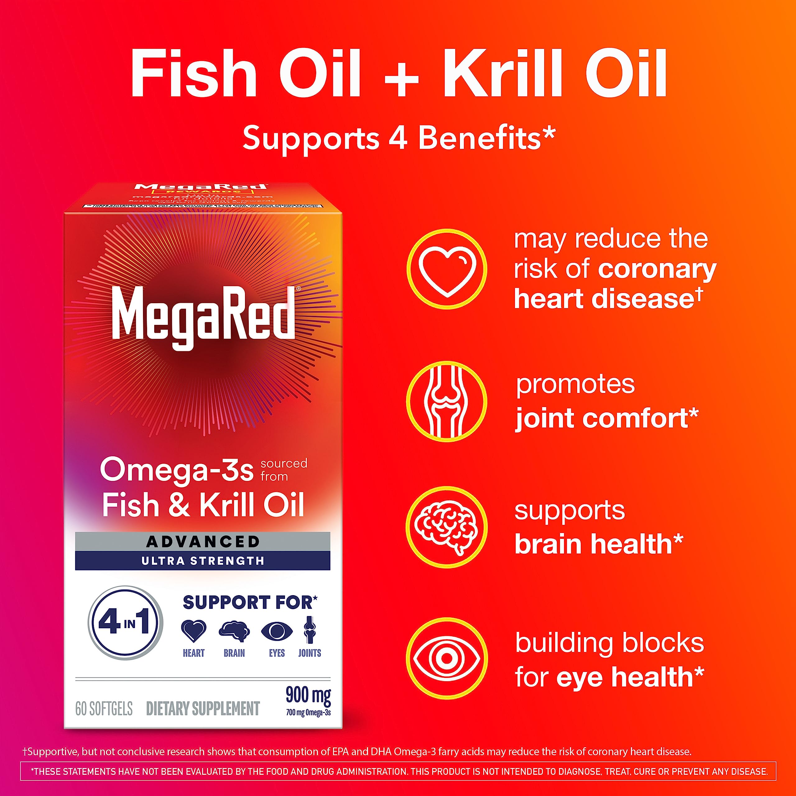 MegaRed omega-3 softgel close-up showing krill oil capsules for better absorption.