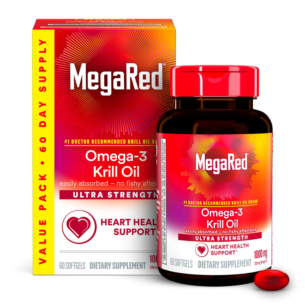Megared Ultra Strength krill oil bottle front signals heart health focus.