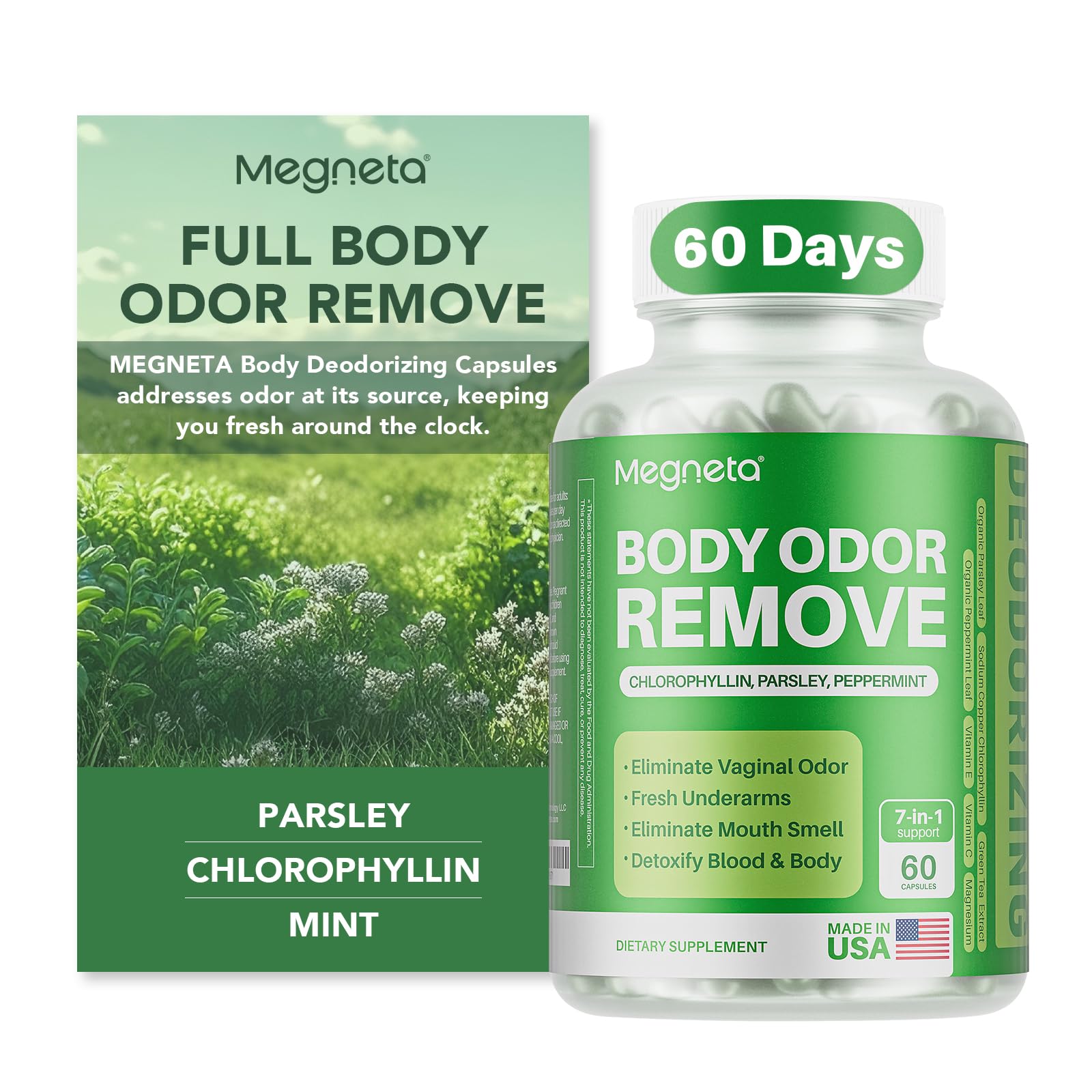 MEGNETA body deodorizing supplement bottle promotes all-day freshness