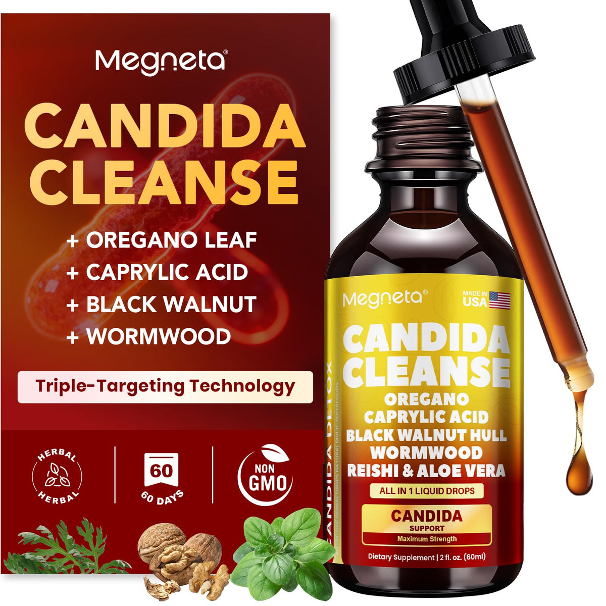 Megneta Candida Cleanse bottle cap close-up highlighting triple-targeting formula.