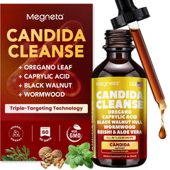 Megneta Candida Cleanse bottle cap close-up highlighting triple-targeting formula.