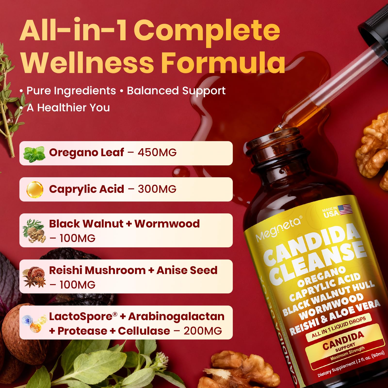Megneta Candida Cleanse bottle label shows ingredients and suggested uses.
