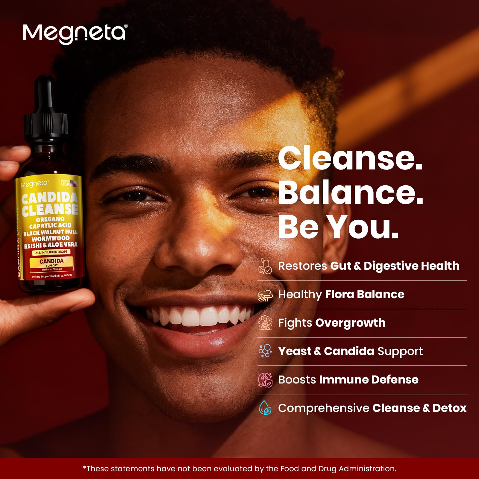 Megneta Candida Cleanse caprylic acid bottle close-up.