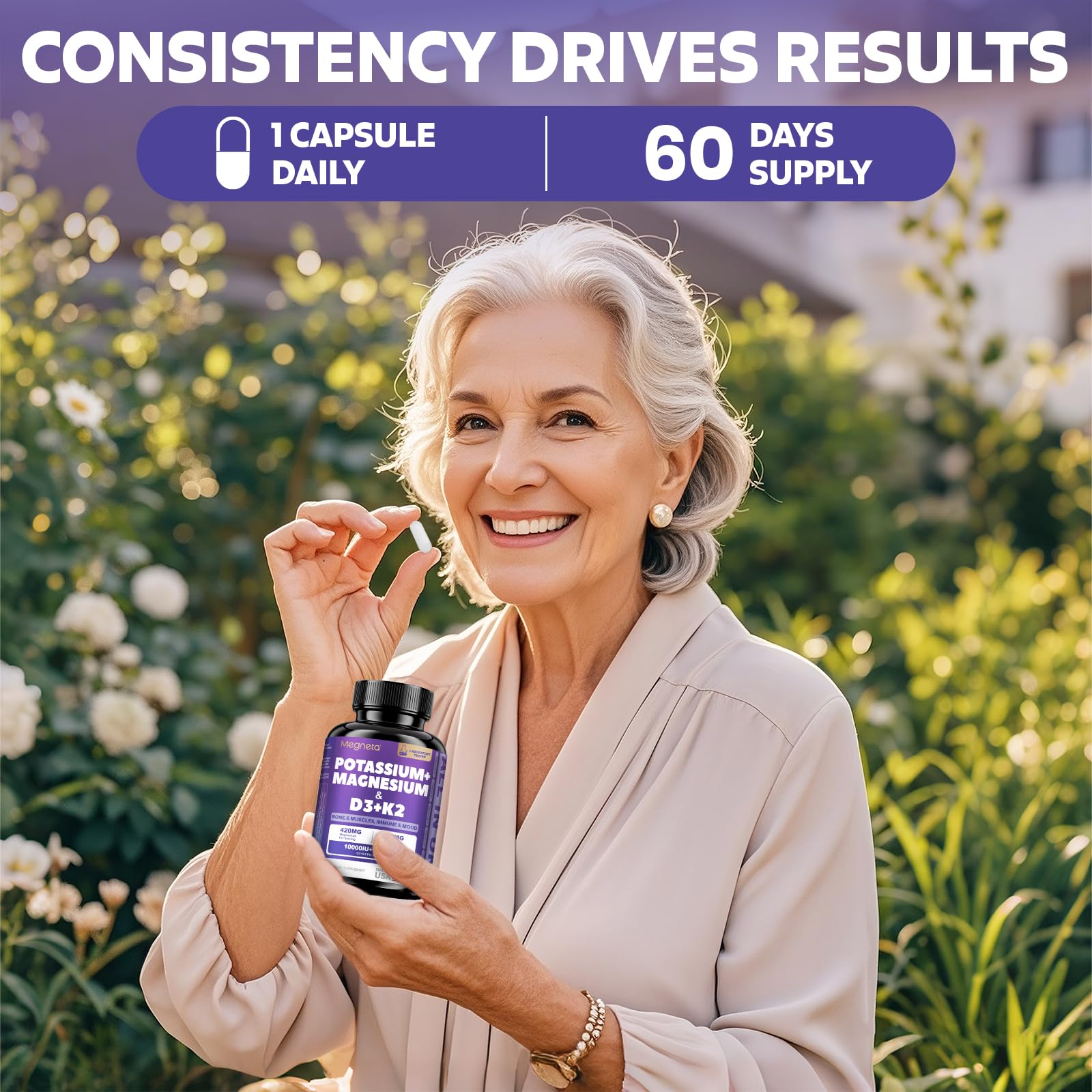 MEGNETA D3 K2 immune-support visual emphasizing mood and vitality.