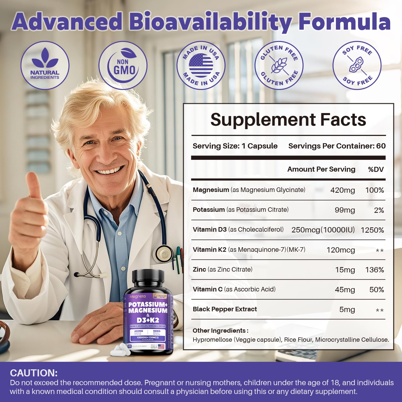 MEGNETA D3 K2 nutrition facts card highlighting potency and serving details.