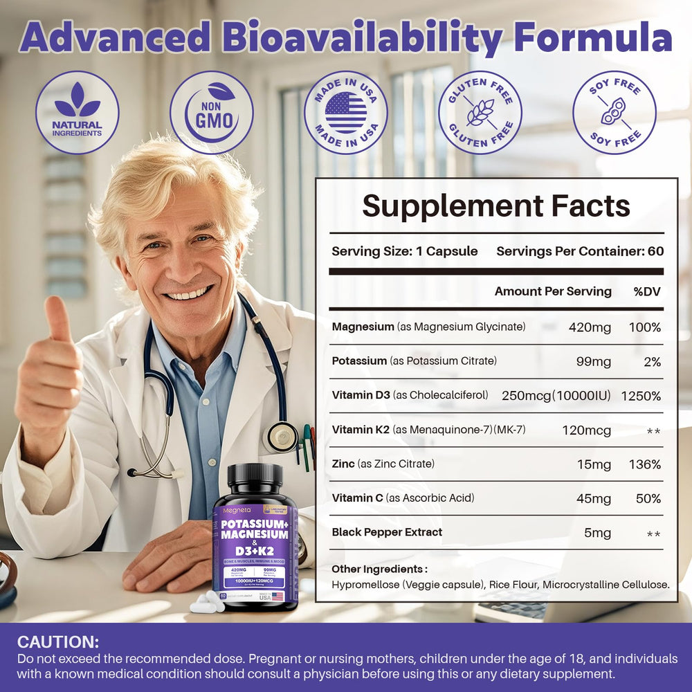 MEGNETA D3 K2 nutrition facts card highlighting potency and serving details.
