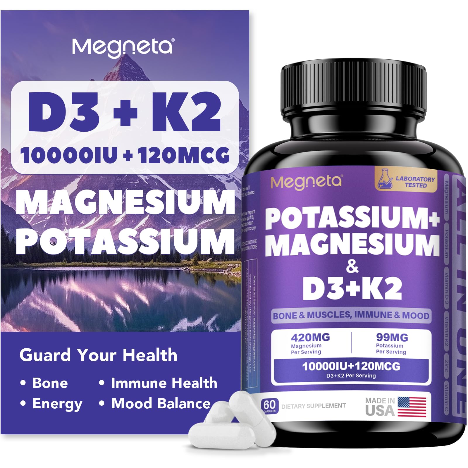MEGNETA high-potency D3 K2 bottle highlighting bone support and daily wellness.