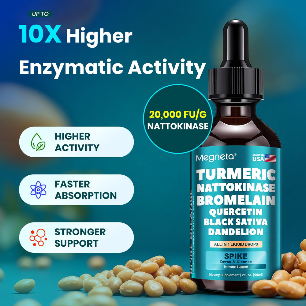 Megneta triple-enzyme capsules closeup showing nattokinase bromelain and curcumin potency