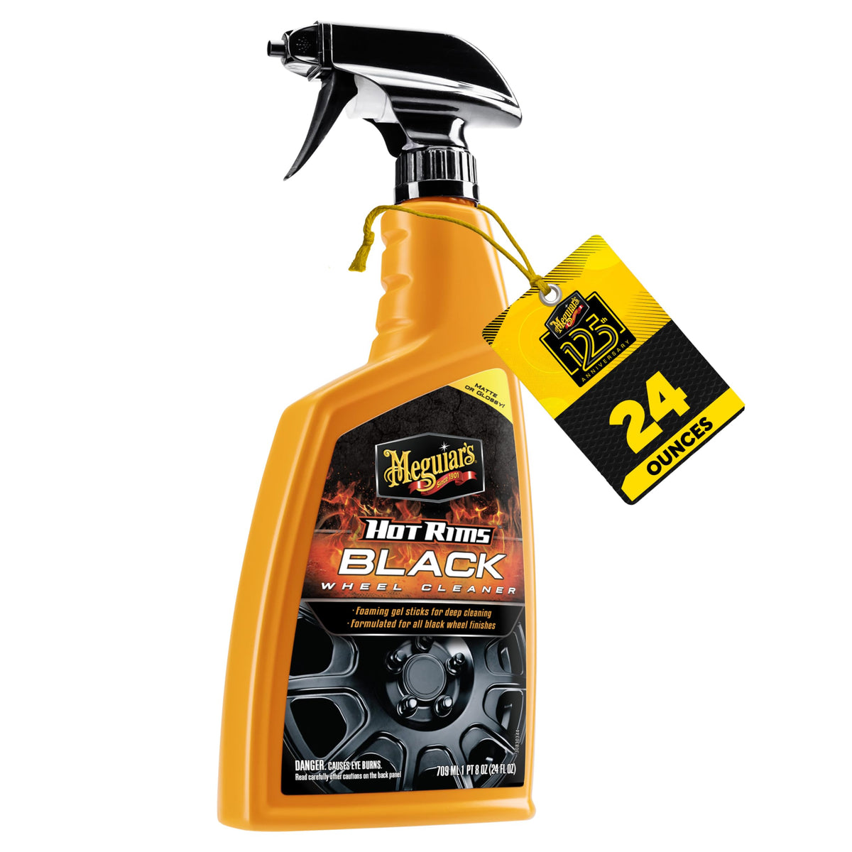 Meguiar's Hot Rims Black Wheel Cleaner spraying foaming gel on wheels for deep cleaning